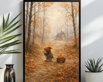 Lámina con diseño de erizo y calabaza en un carro | Acuarela de bosque otoñal | Póster acogedor para habitación infantil con temática de bosque