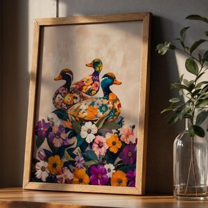 Vibrant Floral Duck Poster, Colorful Wall Art, Nature Print, Home Decor, Gift for Bird Lovers, Spring Art