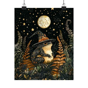 Magical Witch Frog Art Print, Moonlit Forest Nursery Wall Decor, Whimsigoth Botanical Illustration, Woodland Animal Poster image 6
