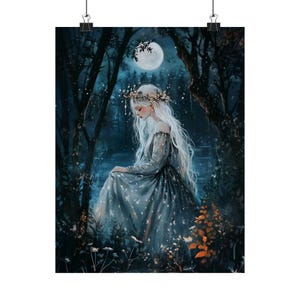 Moonlit Forest Fairy Art Print, Enchanted Woman with White Hair, Dark Woodland Fantasy Wall Art, Ethereal Mystical Nature Decor image 6