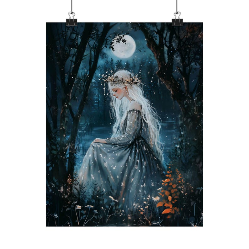 Moonlit Forest Fairy Art Print, Enchanted Woman with White Hair, Dark Woodland Fantasy Wall Art, Ethereal Mystical Nature Decor image 6
