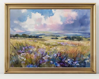 Colorful Wildflower Landscape Art Print – Countryside Field Wall Decor – Cottagecore Nature Poster