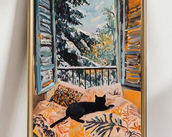 Black Cat Window Wall Art Print, Cozy Bedroom Painting, Winter Landscape View, Cottagecore Home Decor, Moody Cat Lover Gift