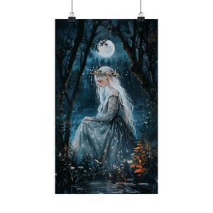Moonlit Forest Fairy Art Print, Enchanted Woman with White Hair, Dark Woodland Fantasy Wall Art, Ethereal Mystical Nature Decor image 7