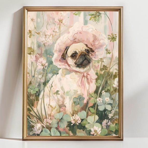 Pug Floral Bonnet Print, Cottagecore Dog Wall Art, Cute Pug Garden Poster, Soft Pink Pet Decor, Pug Lover Art Print