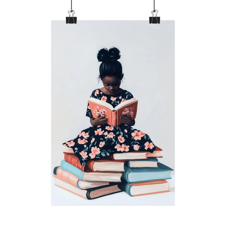 Black Girl Reading Wall Art Print, African American Child Nursery Decor, Floral Book Lover Art, Pink Girls Room Wall Decor afbeelding 2