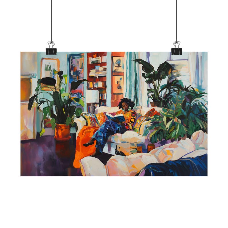 Impresión artística de una chica negra leyendo, decoración acogedora para el hogar, regalo perfecto para amantes de los libros, arte mural artístico, estilo Henri Matisse. imagen 6