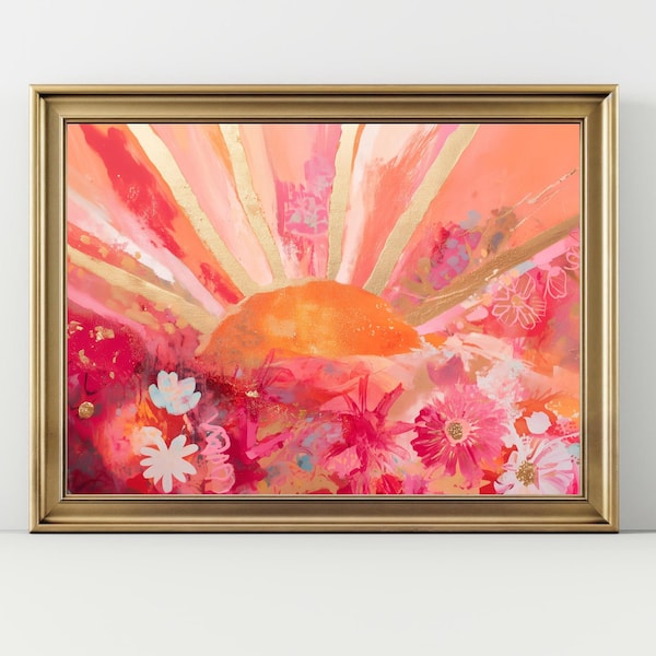 Arte mural floral con un llamativo amanecer | Impresión abstracta de sol en rosa intenso y dorado | Decoración bohemia vibrante para el hogar | Obras de arte coloridas