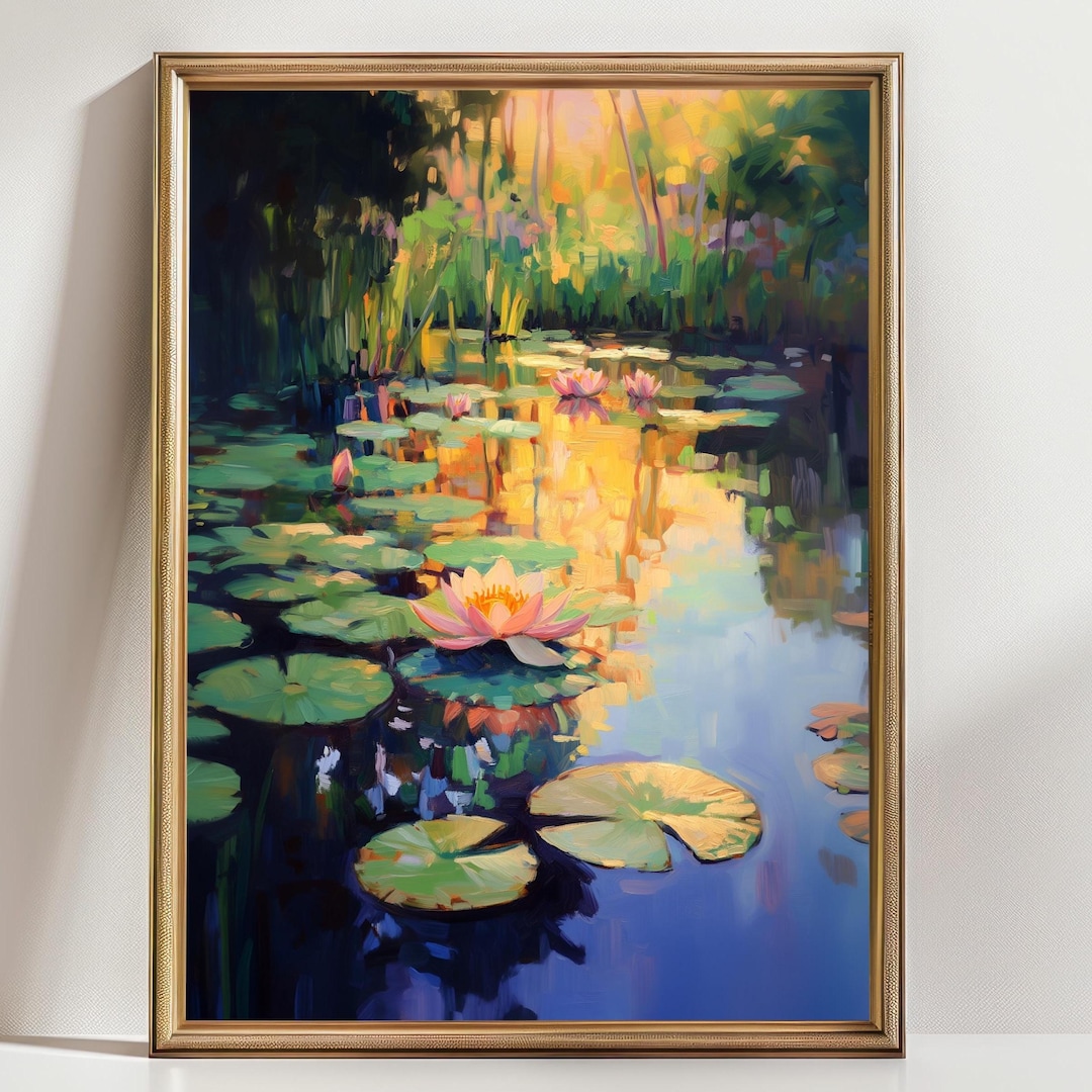 Water Lily Pond Art Print, Sunset Lake Painting, Monet Inspired Wall ...