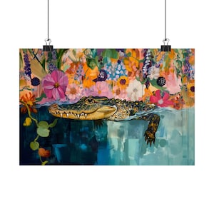 Colorful Alligator Art Print, Horizontal Maximalist Decor, Nature Decor, Wildlife Crocodile Wall Art, Floral Animal Artwork Home Decor image 6