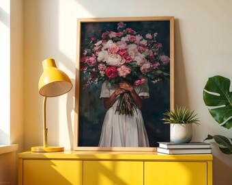 Black Woman with Flowers Wall Art, Floral Portrait Print, Feminine Botanical Decor