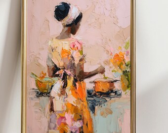 Black Woman Cooking Wall Art – Modern Abstract Kitchen Painting, Afrocentric Home Decor Print