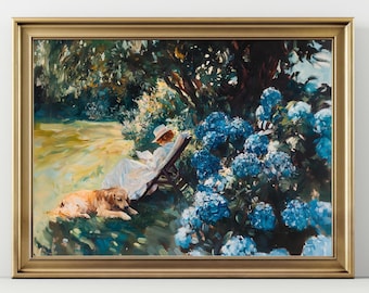 Cottagecore Garden Art Print – Woman Reading with Golden Retriever Under Hydrangeas – Vintage Floral Landscape Wall Decor, Summer Scene