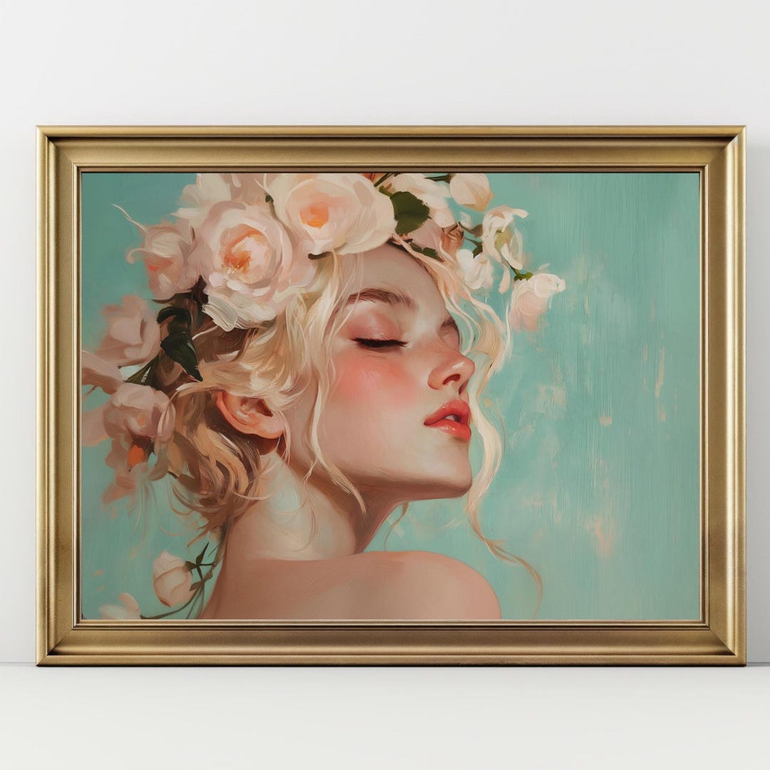 Romantic Woman Floral Portrait Art Print - Dreamy Blonde Beauty Wall ...
