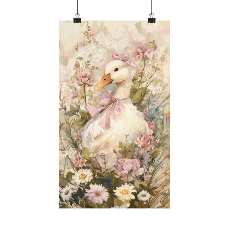 Lámina artística de pato caprichoso | Decoración floral de pared estilo cottagecore | Ilustración de pato con capota, estampado animal pastel para guardería, estilo granja vintage imagen 8