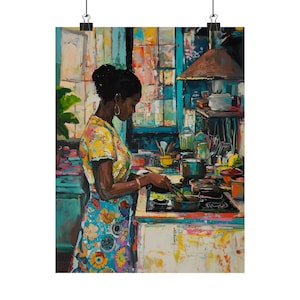 Colorful Kitchen Black Girl Art Print, Vibrant Kitchen Decor, Henri Matisse style, Unique Cooking Painting, Housewarming, Kitchen Wall image 7