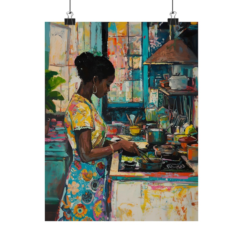 Colorful Kitchen Black Girl Art Print, Vibrant Kitchen Decor, Henri Matisse style, Unique Cooking Painting, Housewarming, Kitchen Wall image 7