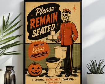 Può includere: Un poster incorniciato raffigurante uno scheletro in uniforme rossa che regge un vassoio con tre rotoli di carta igienica accanto a un water e una zucca. Il testo recita: Please REMAIN SEATED FOR THE ENTIRE PERFORMANCE. Comfort... Cleanliness... COURTESY! Thank You!