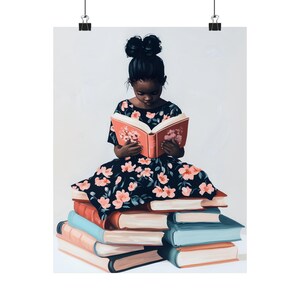 Black Girl Reading Wall Art Print, African American Child Nursery Decor, Floral Book Lover Art, Pink Girls Room Wall Decor afbeelding 7