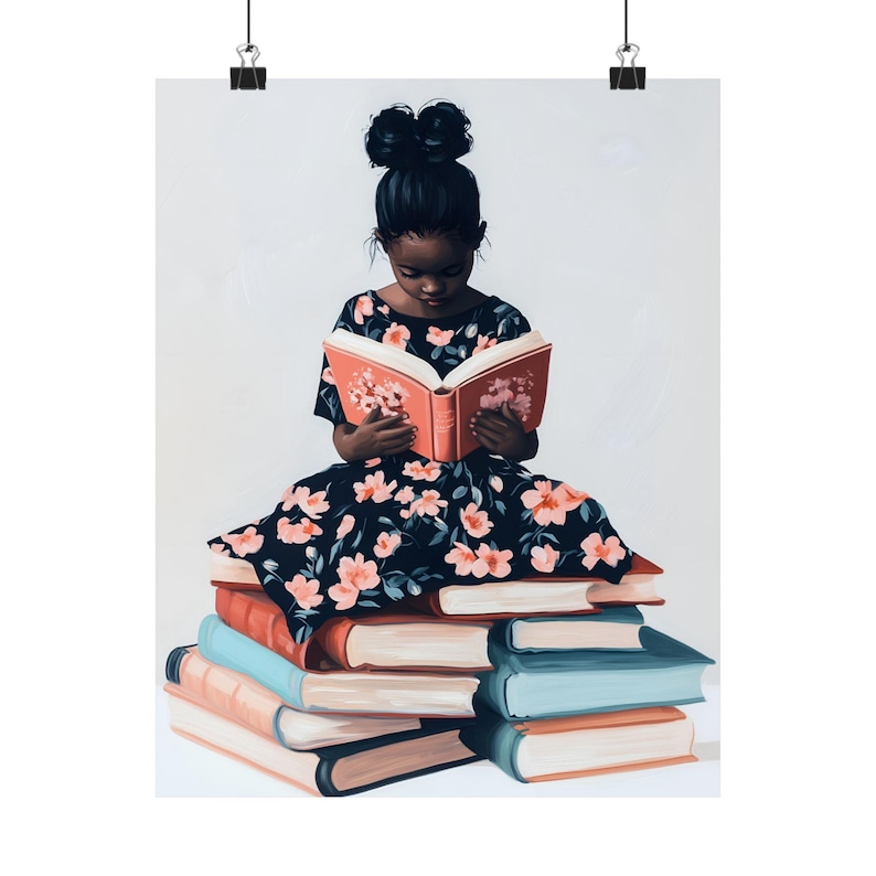 Black Girl Reading Wall Art Print, African American Child Nursery Decor, Floral Book Lover Art, Pink Girls Room Wall Decor afbeelding 7