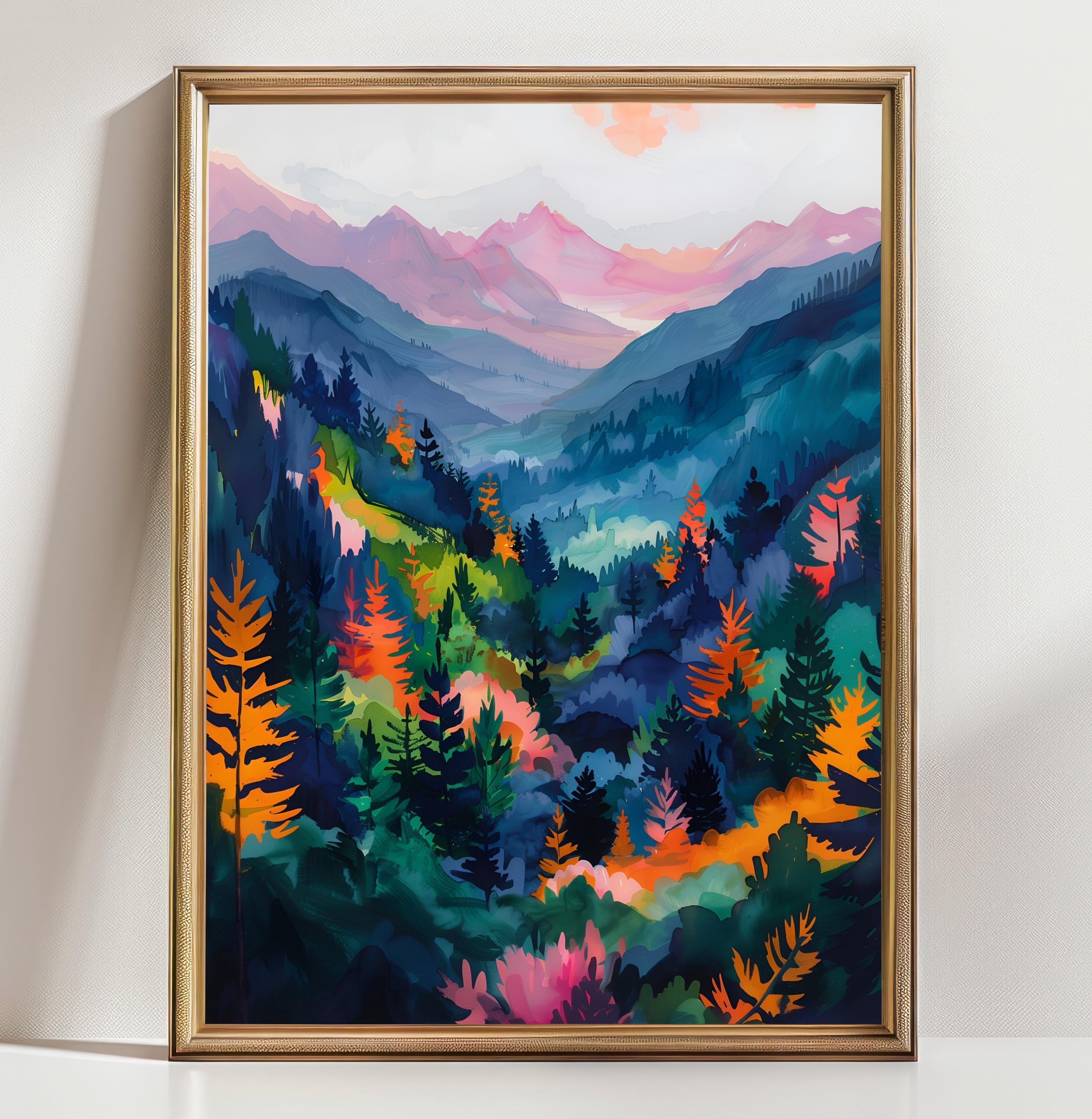 Colorful Mountain Landscape Wall Art Print, Modern Forest Painting ...