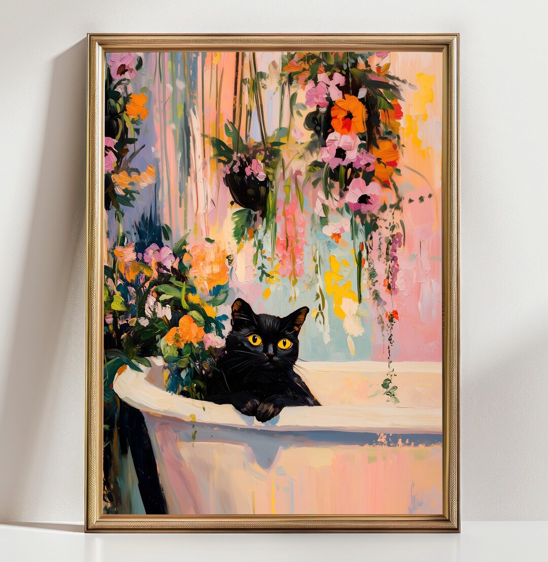 Black Cat Bathtub Wall Art Print, Floral Bathroom Cat Painting ...