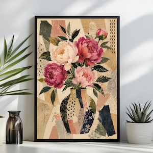 May include: A framed wall art print featuring a collage-style illustration of a bouquet of peonies in a patterned vase. The artwork uses a palette of pink, cream, beige, and dark green tones with textured paper elements and abstract geometric patterns.