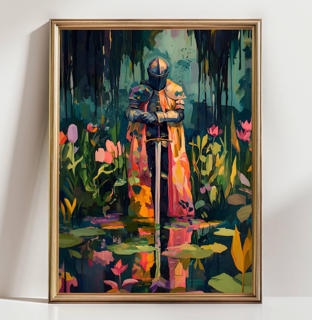 Medieval Knight in Floral Forest Print, Colorful Fantasy Armor Wall Art ...