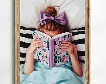 Red haired Girl reading in Bed Print Pastel Book Lover Print, Bookworm Whimsical Bedroom Art, Bookish Decor, Reading Nook Kids Girl Room