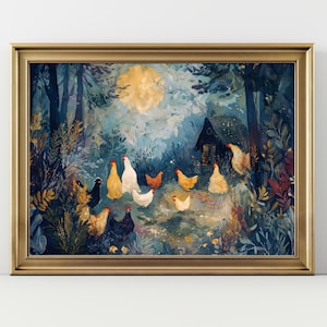 May include: A framed art print depicts a whimsical scene of chickens gathered in a moonlit forest. The artwork features a variety of chicken breeds in shades of white, brown, and black, set against a backdrop of lush foliage and a small cabin.