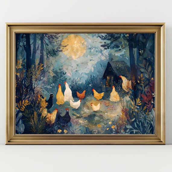 Chickens in Moonlit Forest – Whimsical Night Farm Scene Art Print, country life artwork, rural chicken decor, chickencoop owner