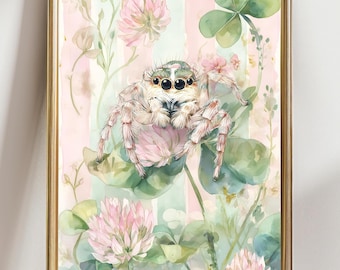 Cute Pastel Spider Art Print | Cottagecore Coquette Kids Room Decor Whimsical Kawaii Jumping Spider Illustration Pink Floral Nature Poster