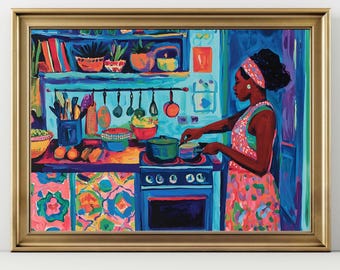 Black Woman Cooking Art Print, Colorful Kitchen Wall Art, Afrocentric Home Decor Painting