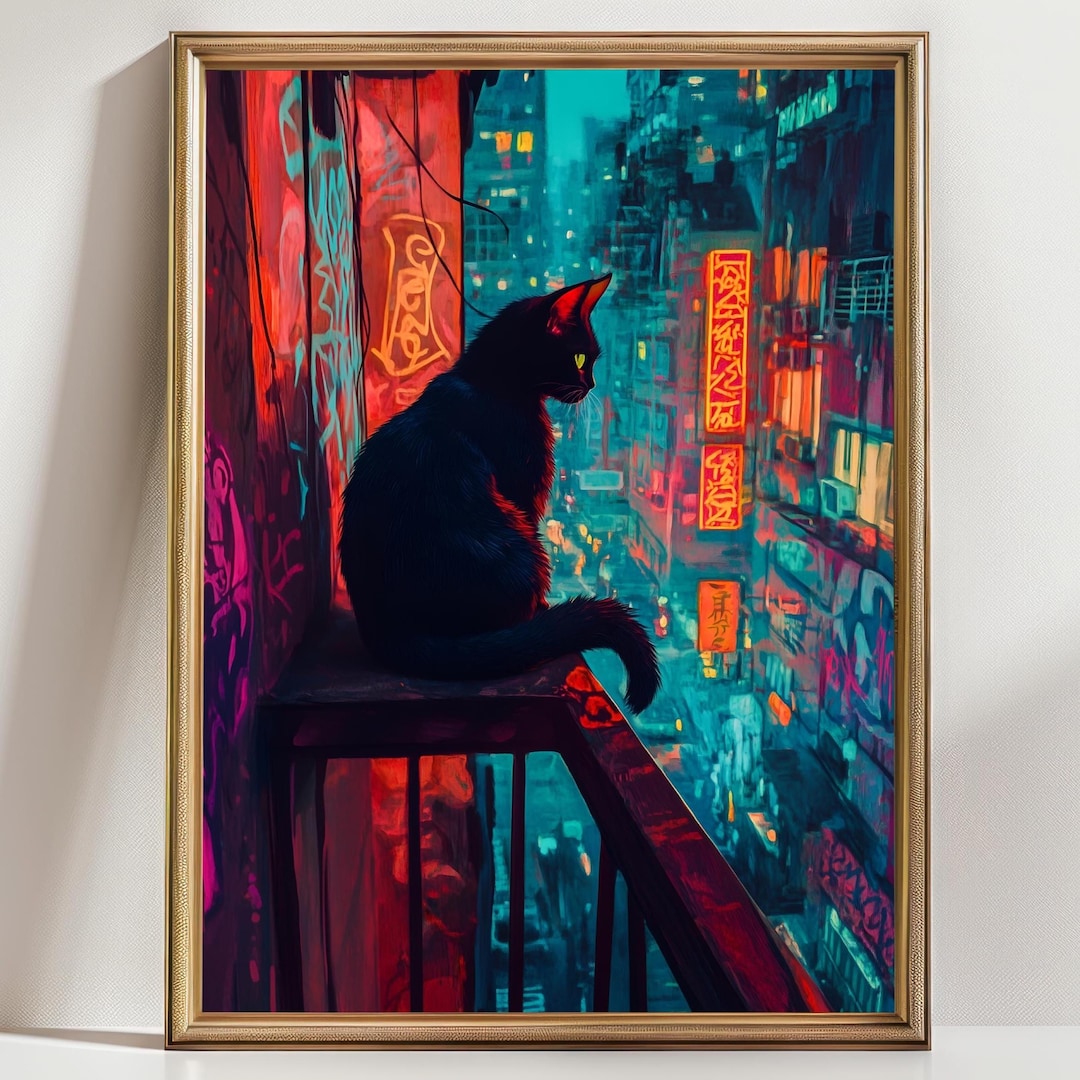 Urban Cat Art Print, Black Cat Cyberpunk, Cat Lover Wall Decor ...