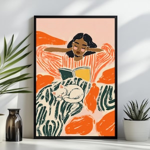 Woman Reading with Cat Wall Art, Boho Orange Illustration Print, Book Lover Cozy Decor