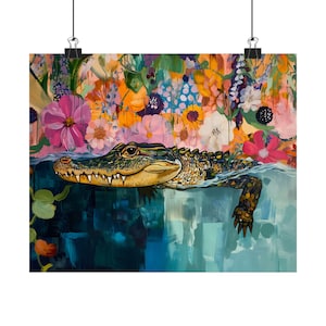 Colorful Alligator Art Print, Horizontal Maximalist Decor, Nature Decor, Wildlife Crocodile Wall Art, Floral Animal Artwork Home Decor image 5