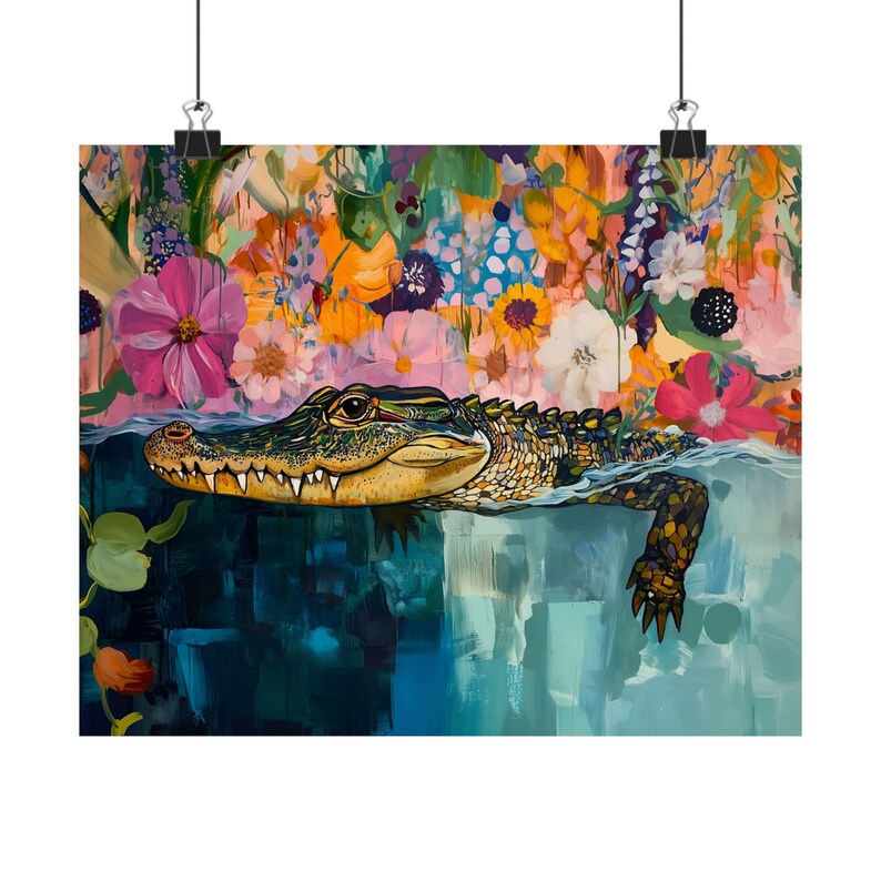 Colorful Alligator Art Print, Horizontal Maximalist Decor, Nature Decor, Wildlife Crocodile Wall Art, Floral Animal Artwork Home Decor image 5