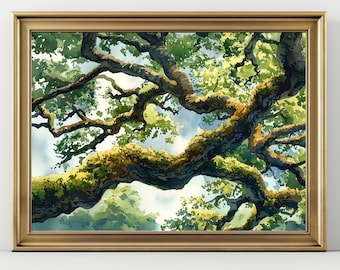 Tree Canopy Art Print, Sunlit Oak Branches Wall Art, Nature Landscape Painting, Forest Woodland Decor, Green Botanical Artwork