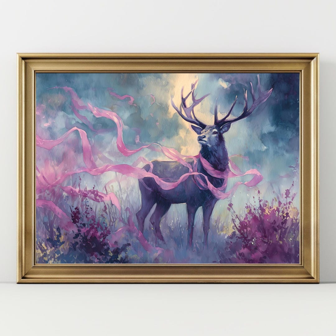 Mystical Deer Art Print - Fantasy Stag Wall Decor With Ribbons ...