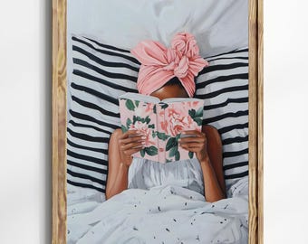 Black Woman Reading Print, African American Bedroom Wall Art, Melanin Queen Self Care Decor, Book Lover Gift