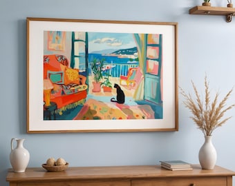 Coastal Cat Ocean View Art, Henri Matisse Style Home Decor, Cat Lover Gift, Bohemian Wall Art, Nautical Print, Black Cat colorful Wall art