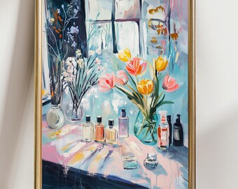 Bathroom Vanity Art Print with Flowers and Perfume Bottles, Elegant Still Life Bathroom Wall Decor, Soft Pastel Floral Bathroom Artwork
