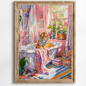 Tiger Maximalist Bathroom Art Poster, Dopamine Decor, Tiger In a Bath Print, Pink Kitsch Aesthetic, Preppy Wall Art, Henri Matisse style