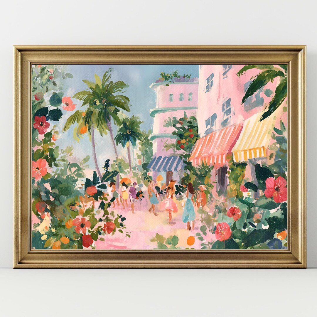 Tropical Coastal Street Wall Art Print, Colorful Palm Beach Painting ...