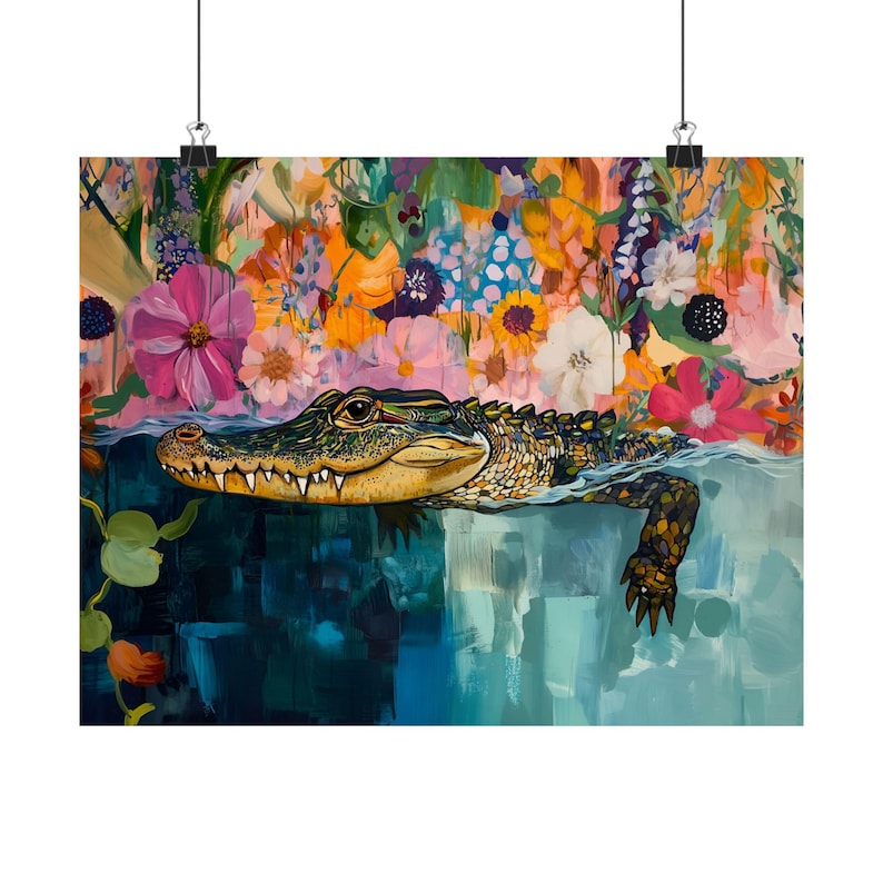 Colorful Alligator Art Print, Horizontal Maximalist Decor, Nature Decor, Wildlife Crocodile Wall Art, Floral Animal Artwork Home Decor image 8