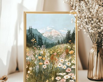 Colorful Wildflower Meadow Landscape Painting Flower Field Wall Art Print Floral Hill Scenery Girly Nature Nursery Kids Room