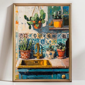 Kitchen Wall Art Print: Vibrant Boho Cactus - Southwestern Tile Style