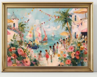 Coastal Festival Art Print – Colorful Seaside Painting with Sailboats, Tropical Beach Wall Art, Mediterranean Summer Decor, Vibrant Artwork