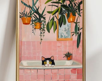 Cuadro decorativo de baño con gatos en blanco y negro, decoración de baño rosa, lámina de bañera con gatos adorables, obra de arte para el baño con plantas.