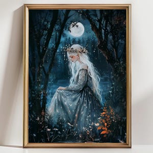 May include: A framed art print depicts a woman with long white hair and a floral crown, seated in a moonlit forest. She wears a flowing blue dress with white accents. The artwork is set in a dark, mystical forest with a full moon.